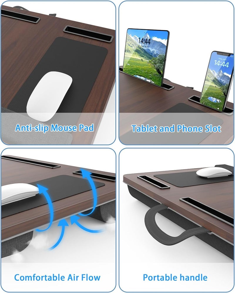 HETTHI Laptop Lap Desk, Portable Large Laptop Desk for Bed, Up to 17 in Lap Table with Wrist Rest, Mouse Pad, Tablet Phone Slot, Portable Handle, Lap Tray with Cushion (Dark Brown) - Image 4
